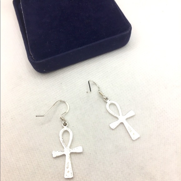 STERLING SILVER EGYPTIAN CROSS EARRINGS - Picture 2 of 8